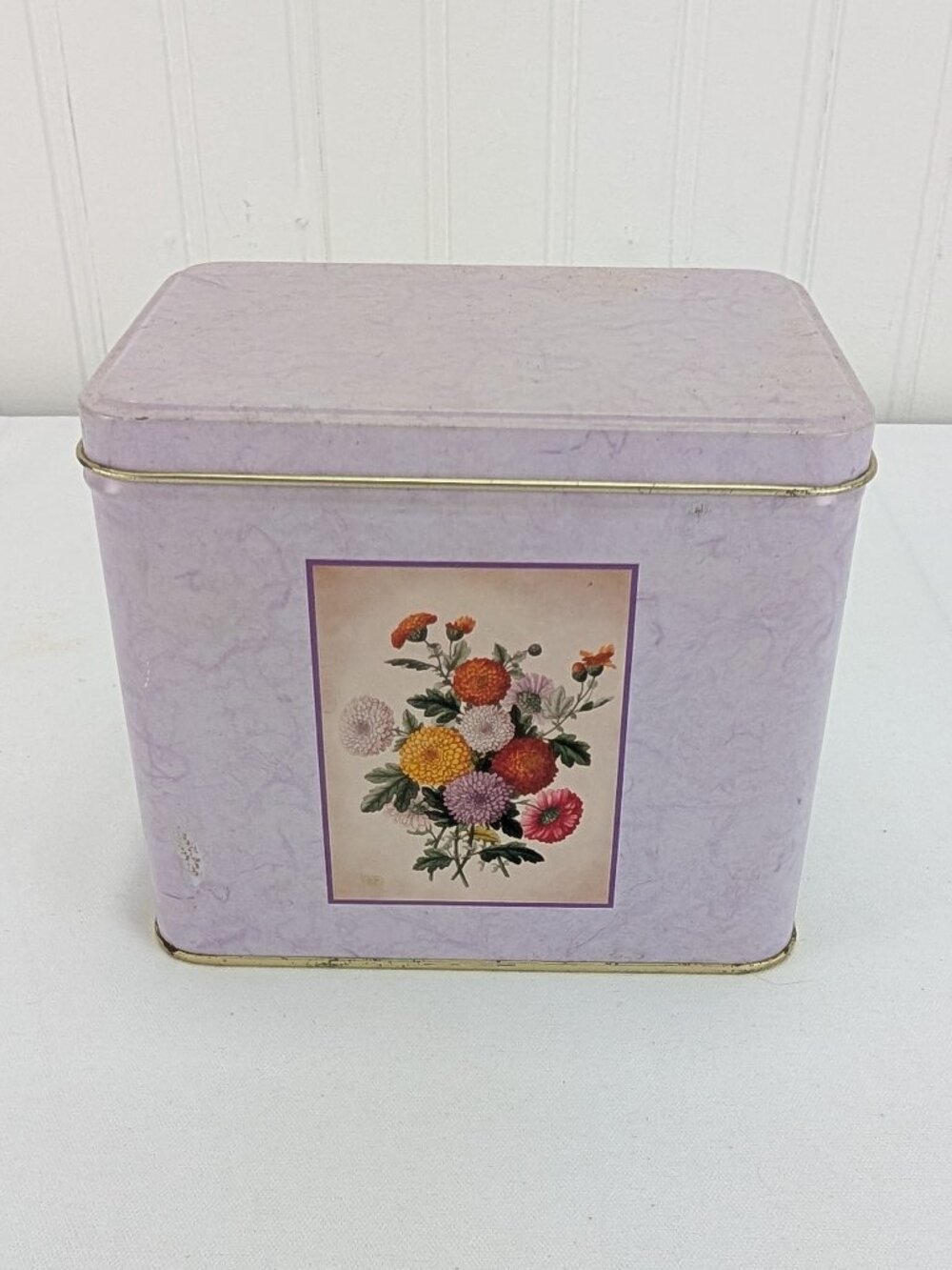 Purple Tin Storage Container Hinged Lid Zinnia Flowers Home Decor